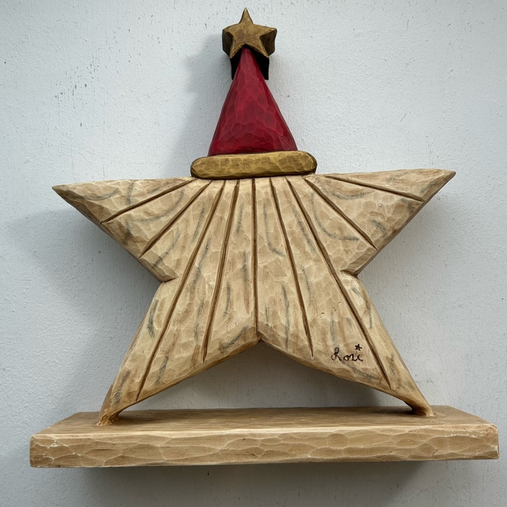 Vintage Lori Miller Wooden Santa Star Decor Folk Art Whispering Pines Carving - Picture 4 of 6